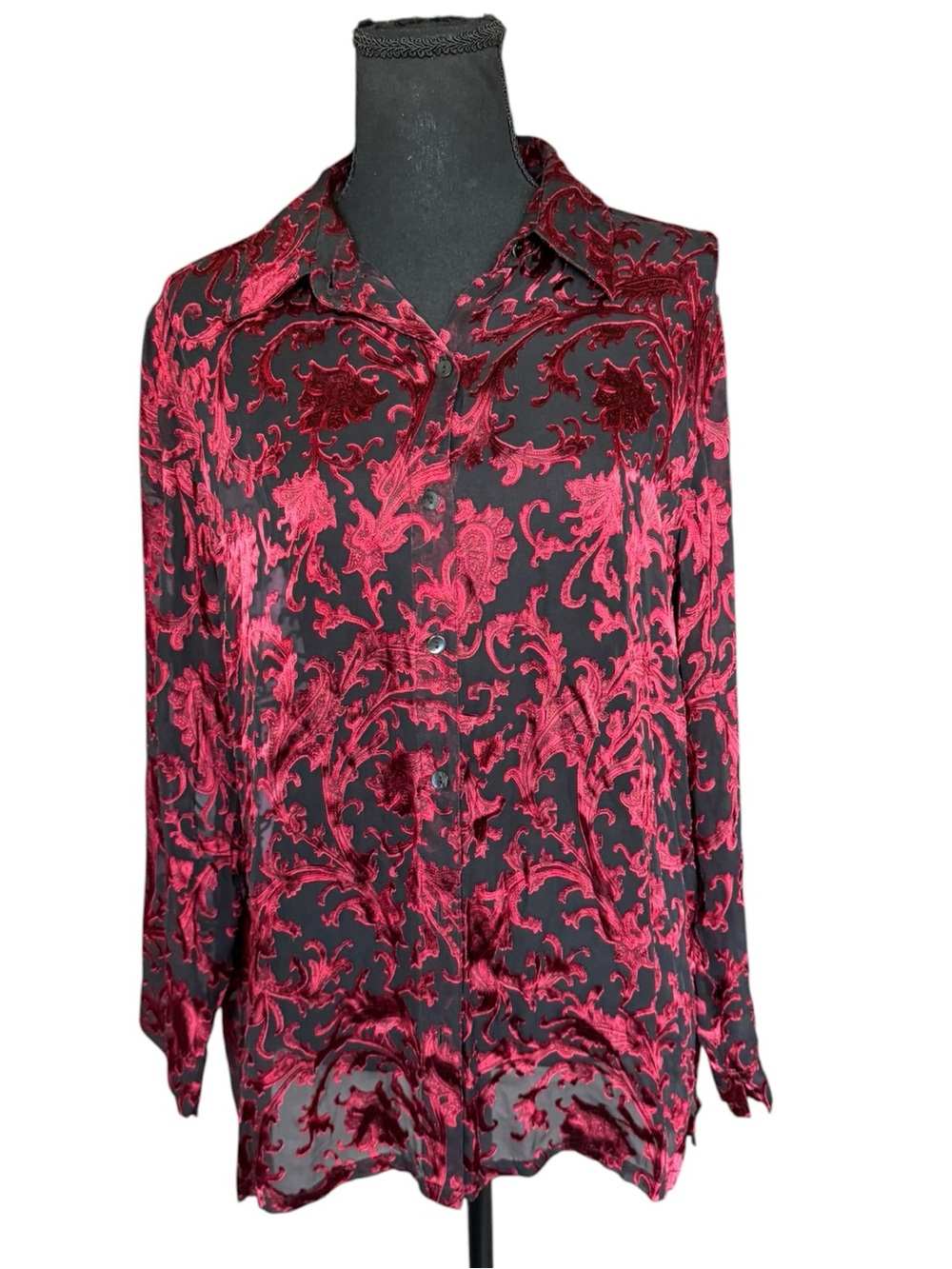 Chico’s Burnout Velvet Sheer Blouse Black Red Scroll Print Size 2 (XL)